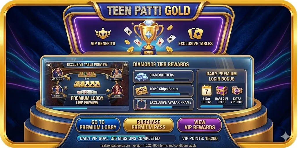 Teen Patti Gold premium gameplay preview and rewards interface