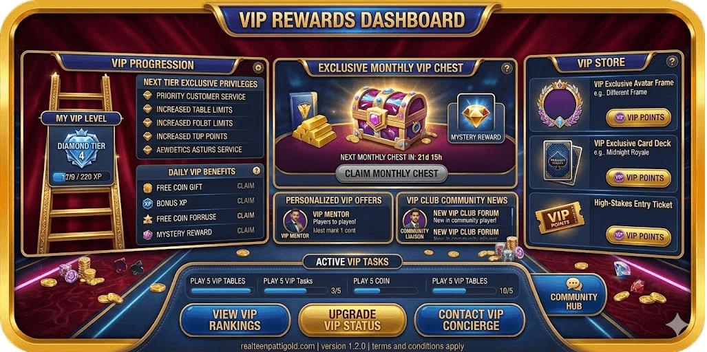 Teen Patti Gold VIP rewards and cashback dashboard